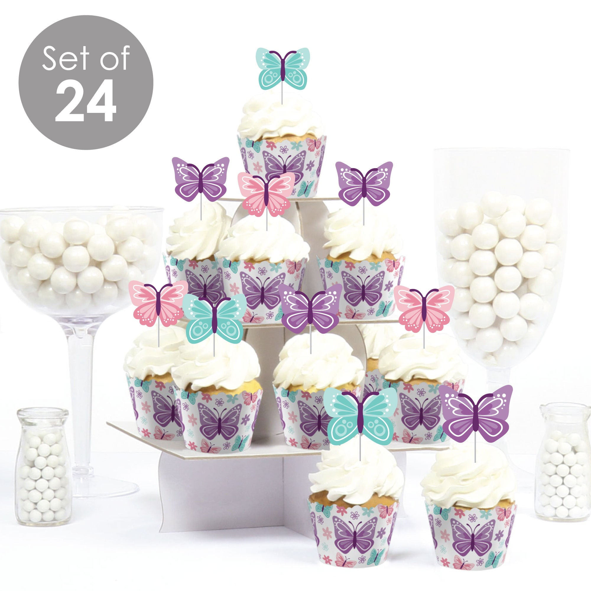 Big Dot of Happiness Beautiful Butterfly - Cupcake Decoration - Floral Baby  Shower or Birthday Party Cupcake Wrappers and Treat Picks Kit - Set of 24 