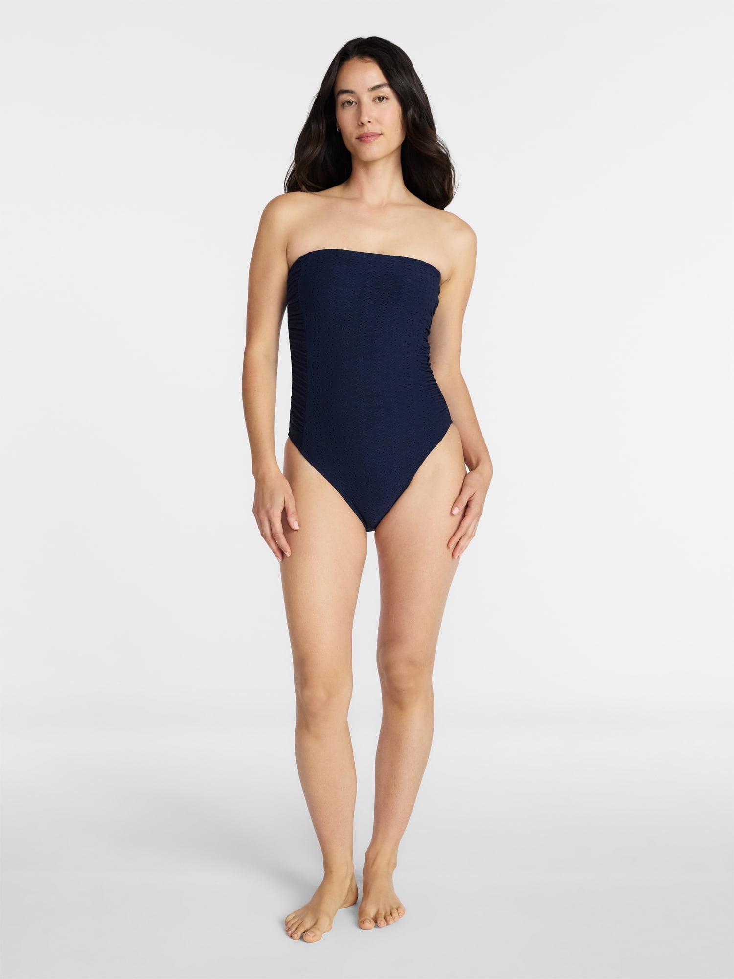 Time and Tru Women's Eyelet Bandeau One Piece Swimsuit with Side Shirring, Sizes XS-3X