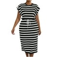 thumbnail image 1 of Liquidation 2025! Grrvtrz Robes d'Été Décontractées pour Femmes Grande Taille Col Rond Manches Chauve-Souris Courtes Rayées Taille à Cordon Robe Maxi, 1 of 7
