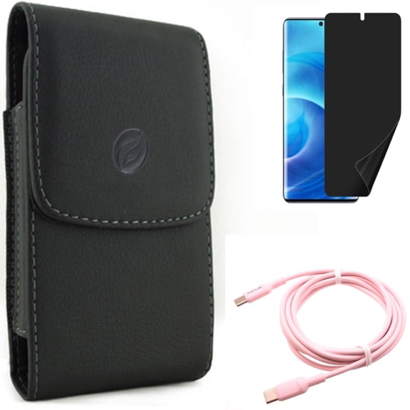 Privacy Screen Protector w Pink 10ft Long Cable w Case Belt Clip for Samsung Galaxy S20 - TPU Film [NOT GLASS], USB-C to Type-C PD Fast Charger, Leather Holster V8W fits Samsung Galaxy S20 Model