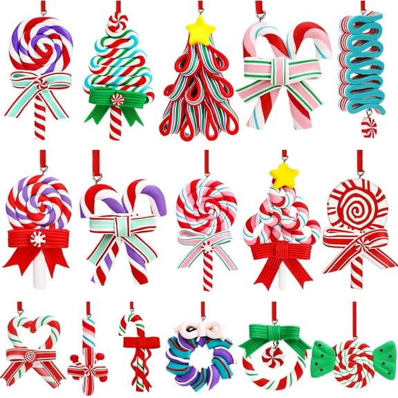 16Pcs Christmas Lollipop Ornaments, Christmas Mini Candy Cane Hanging Ornaments Polymer Clay Peppermint Pendants for Xmas Tree Party Home Decorations