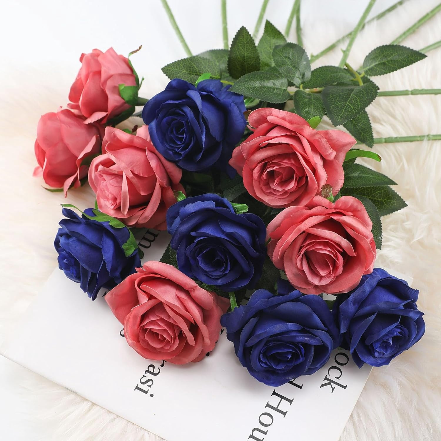 Blue Fake Roses Artificial Flowers - Fake Artificial Roses Silk Flowers with Stems for Home Wedding Hotel Office Centerpiece Decor（Navy Blue）