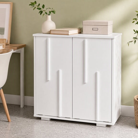 UZUGUL White Laundry Cabinet, 2 Removable Liner Bags, Fluted Doors, Sorting Hamper, for Bathroom Laundry Room