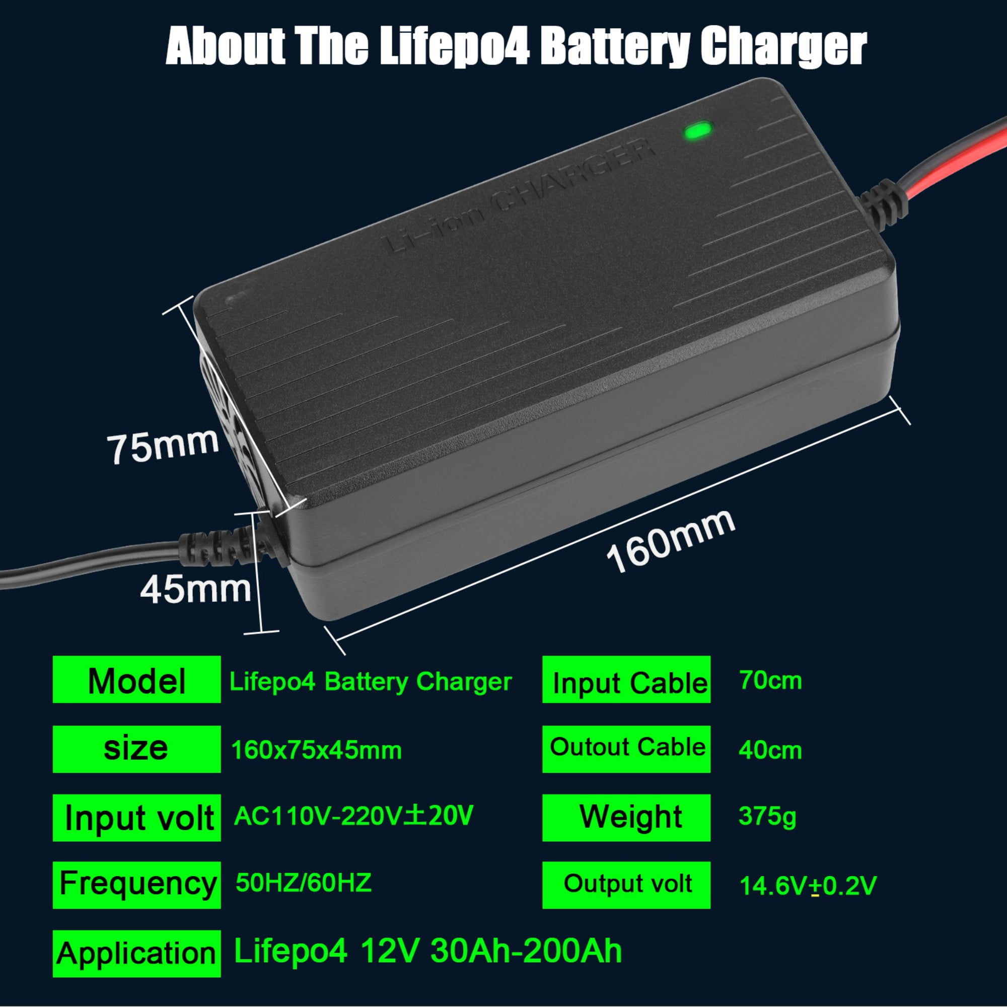 12V 10-Amp 10A Smart Fast Charger for Lithium Iron Phosphate (LiFePO4) Battery