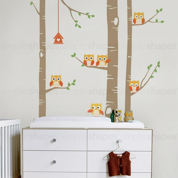 Birch Tree Wall Decal with Owls W1118 - Scheme C