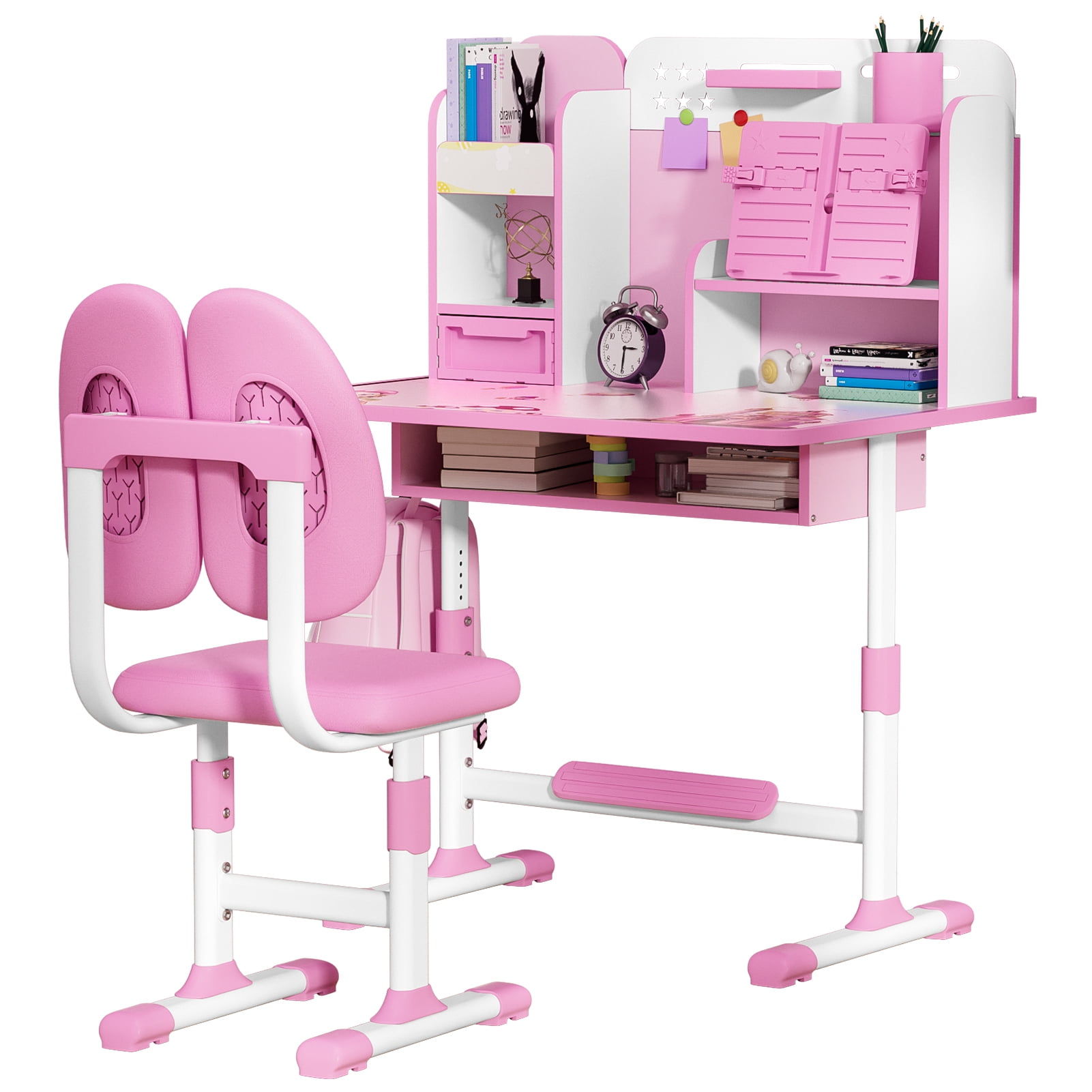 Upgraded Kids Desk and Chair Set, Height Adjustable Kids Functional Desk and Chair Set for Kids 8-12, Study Table for Girls Boys, Writing Table for Kids-Pink