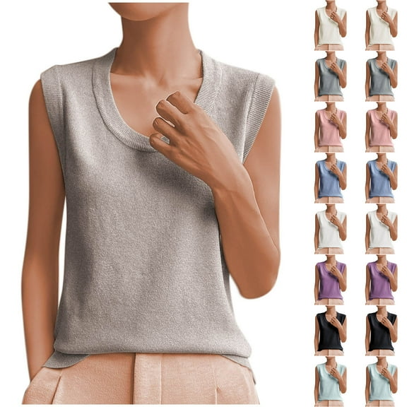 WEIee Ladies Tank Tops Women T Shirts Summer Crewneck Sleeveless Blouse Solid Color Lightweight Loose Fit Tops Lady Beach Tank Tee Beige L