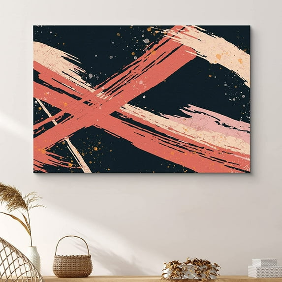 PixonSign Canvas Print Wall Art Red, Pink, White Brushstrokes & Black Background Abstract Shapes Illustrations Modern Art Minimalist Colorful Multicolor Ultra for Living Room, Bedroom - 12"x18"