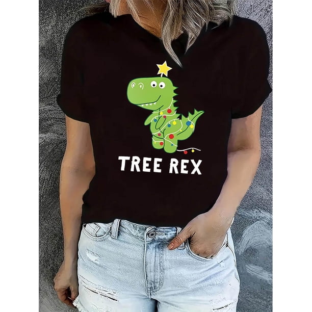Women's Dinosaur Print Tee - Casual Crew Neck Short Sleeve T-Shirt, Stretchy & Breathable Polyester Blend, Perfect for Summer