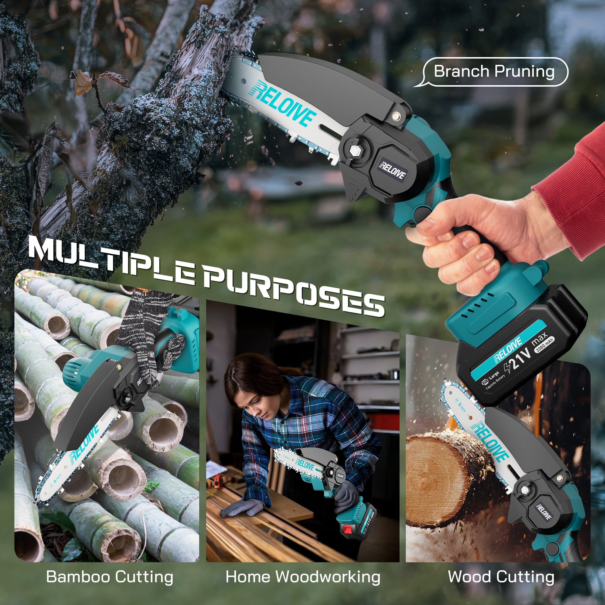 RELOIVE 6 in Mini Chainsaw with 2PCS 2.0 Ah Batteries 3 Chains,Cordless Small Handheld Chain Saw for Wood Cutting Tree Trimming
