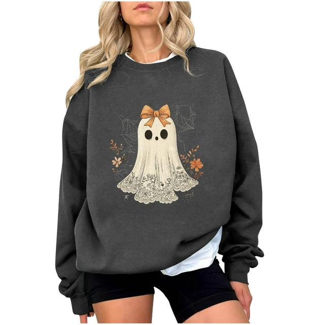 Chandail en Molleton à Imprimé Fantôme pour Femmes, Chandail Léger et Chaud, Blouses à Col Rond, Hauts à Manches Longues, Blouse Ultra Douce Texturée, Chandail Athlétique, Tenues de Printemps, Chandail Automne Hiver 2025