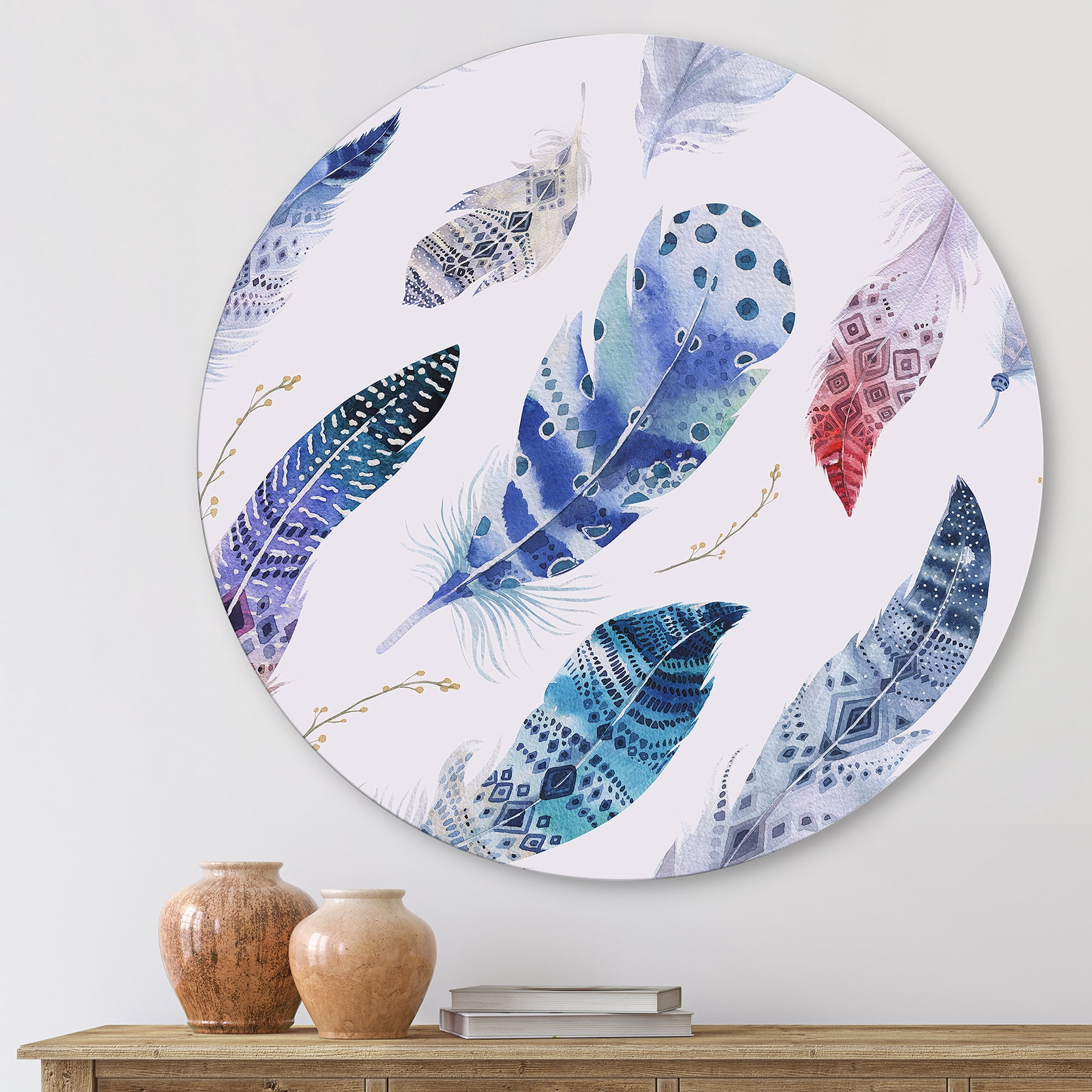 Designart 'Elegant Blue Boho Art Feathers' Bohemian & Eclectic Circle Metal Wall Art 23x23 - Disc of 23