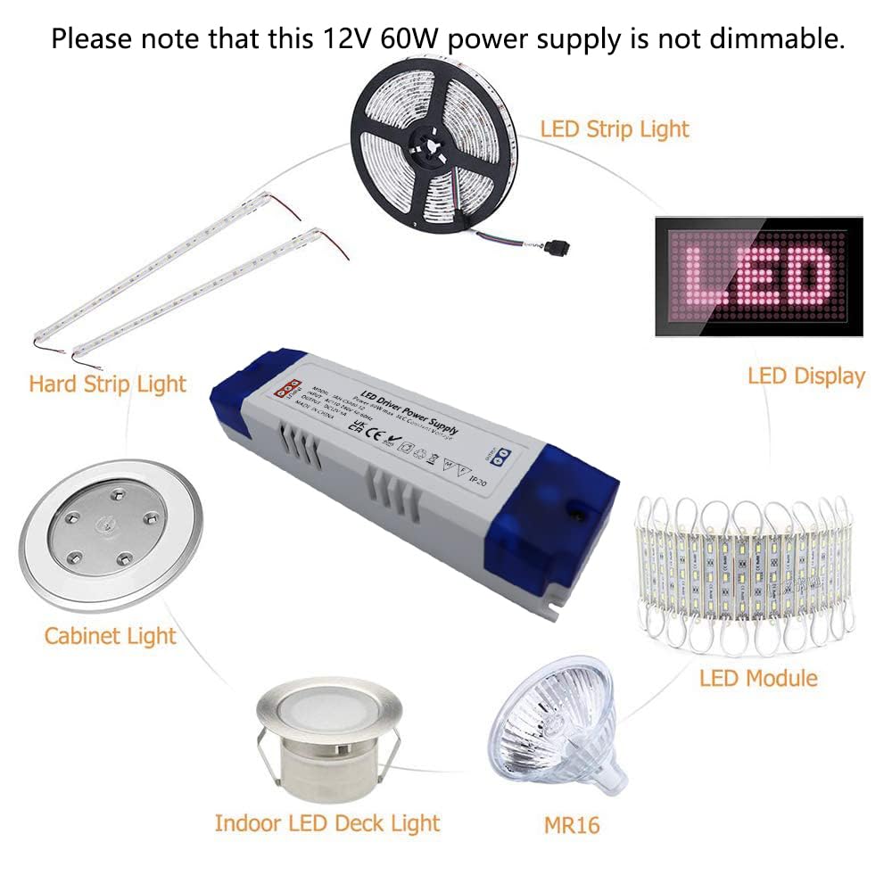 Cheopha 120V To 12V LED Driver – 60W 5A Transformer, Non-Dimmable, For LED Strip Lights, Under Cabinet Puck & G4/MR11/MR16 Bulbs