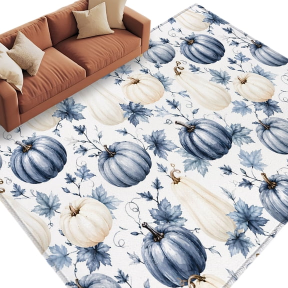 Navy Blue Pumpkins Fall Area Rug 5x7 Washable Rug Non Slip Thanksgiving Botanical Leaves Pastoral Large Area Rug Soft Stainresistant Indoor Floor Carpet for Living Room Bedroom Home Office