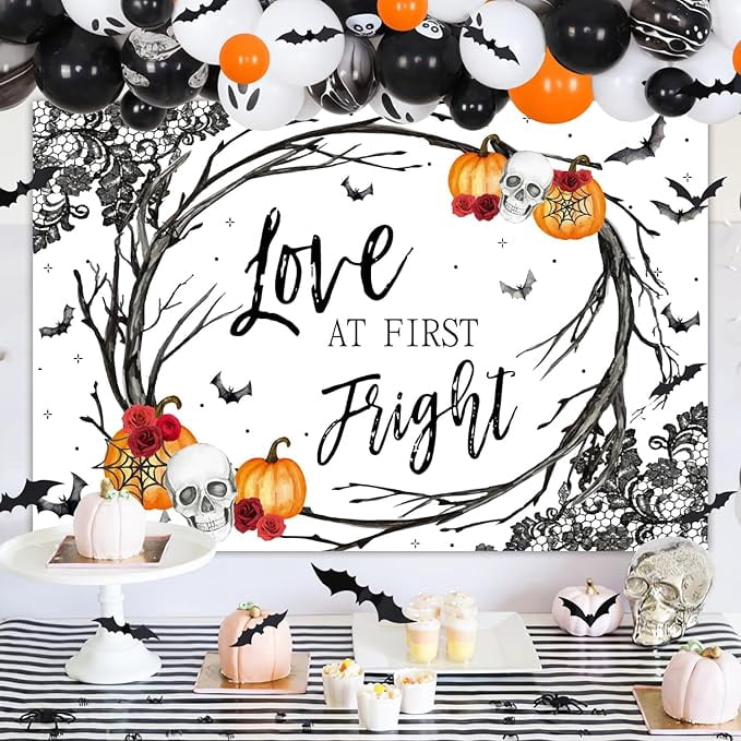 91Pcs Halloween Bachelorette Party Decorations Love at First Fright Backdrop Orange Balloon Garland Arch Kit 3D Bat Wall Stickers for Halloween Engagement Wedding Bachelorette Party Decor Supplies