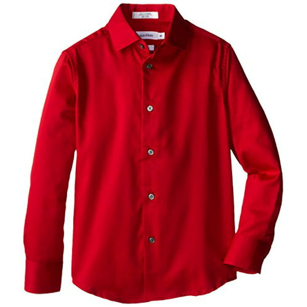 Calvin Klein Big Boys' Long Sleeve Sateen Dress Shirt, Dark Red, 16 -  