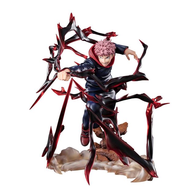 figura de acción tamashii nations jujutsu kaisen yuji itadori figura en pose fija 3/4 frontal, Yuji Itadori con uniforme oscuro y bufanda roja; efectos Black Flash translúcidos rojo y negro rodean el brazo y torso, base con polvo y escombros.