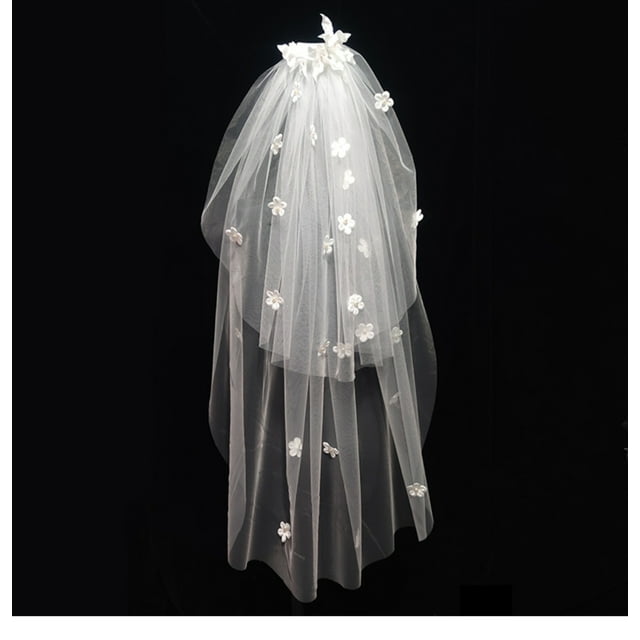 Nvzi Velo de novia con apliques de encaje y flores de perla con peine, velo de novia largo hasta la cadera de 2 niveles, velo de tul suave para novias (blanco)