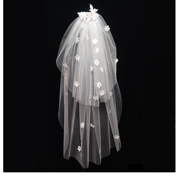 Xiao Hua Velo de novia de tul suave con apliques de encaje y flores de perla, con peine, de dos niveles y largo hasta la cadera (blanco)