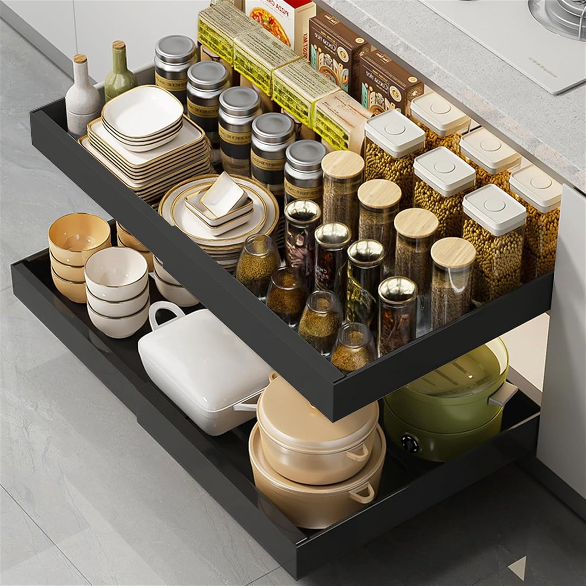 Pull out Cabinet Organizer, Expandable(12.6"-20.5") Pull Out Drawers for Cabinets with Adhesive Nano Film for Pots, Roll out Shelf Storage for Kitchen Base Cabinet Organization,Black