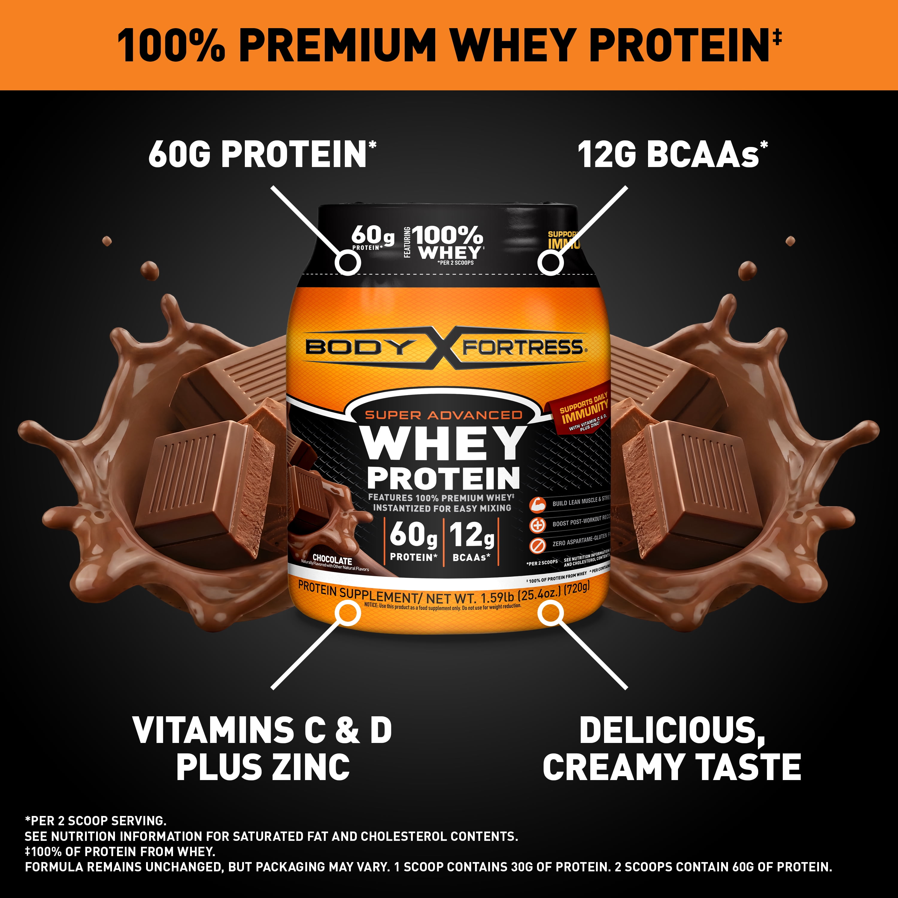 Body Fortress Super Advanced 100% Premium Whey Protein Powder, Chocolate, 60g Protein, 1.59 lbs