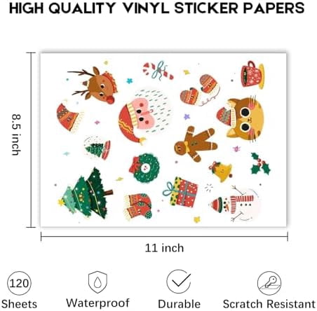 Quivanta 120 Sheets Premium Printable Vinyl Sticker Paper for Inkjet Printer, Glossy White Waterproof, Dries Quickly, Vivid Colors, 8.5x11 Inkjet Vinyl Sticker Paper Great for Cutting Machines