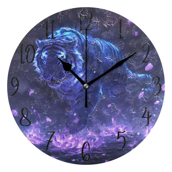 WOBOGO Giant Tiger Purple Pattern Wall Clock 10in Silent Mechanism Battery Operated Retro Style for Living Room Bedroom and Kitchen Black Pointer