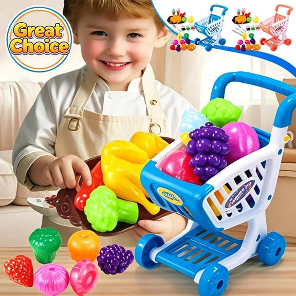 Kids Pretend Supermarket Shopping Cart Playset, Mini Grocery Trolley Toy, Plastic Market Role Play Toy, Educational Birthday Holiday Gift for Toddler Boys Girls Ages 3
