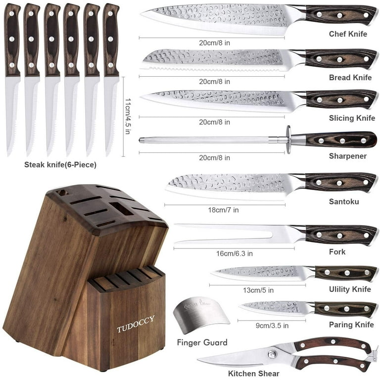 AOKEDA 16-Piece Kitchen Knife Set with Block, High Carbon German Steel,  with Sharpener and Kitchen Shears (Natural Wenge)