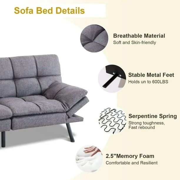 Futon Sofa Bed Memory Foam Convertible Futon Couch Bed Leather Sofa Sleeper Couch Love Seat For Living Room Adjustable Grey My Lux Decor Round Bodega Aurrera en linea