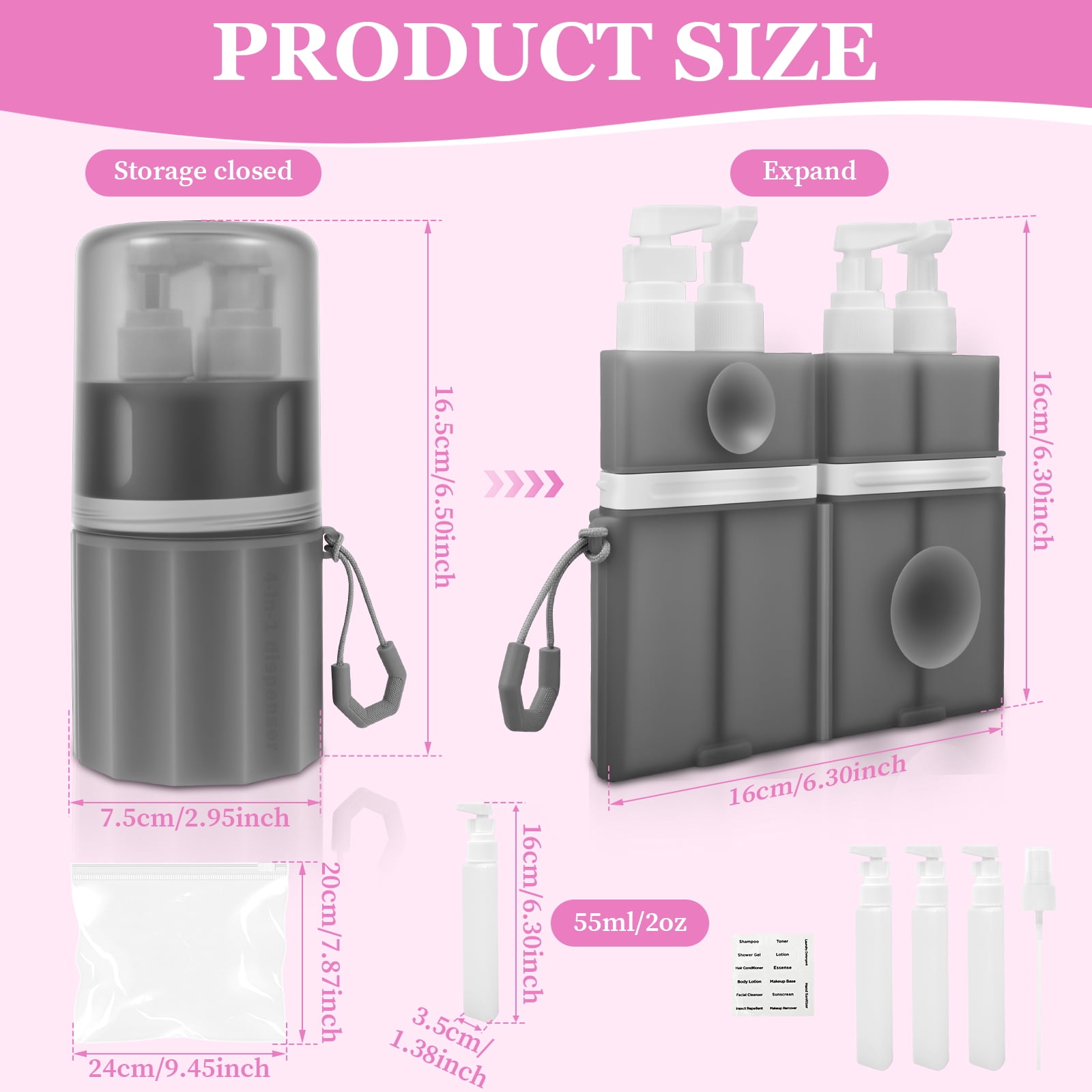 NUAHRHY 4-in-1 Travel Toiletry Container, 4 2Oz Leak Proof Travel Bottle Set with Suction Cup for Smooth Wall, Portable Refillable Dispenser Bottle for Shampoo Conditioner Body Wash Lotion