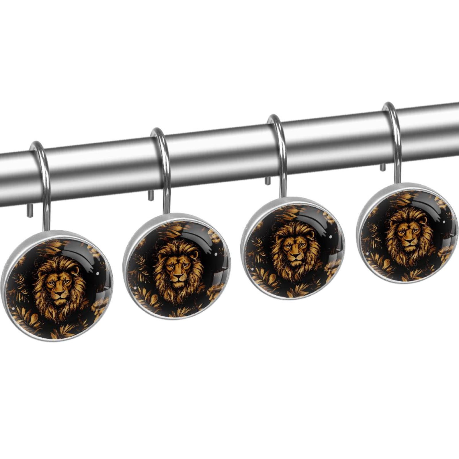 Gold Lions and Leaves Shower Curtain Hooks Round Crystal Glass, Set of 12 Shower Curtain Rings - Shower Hooks for Curtain Shower Rings