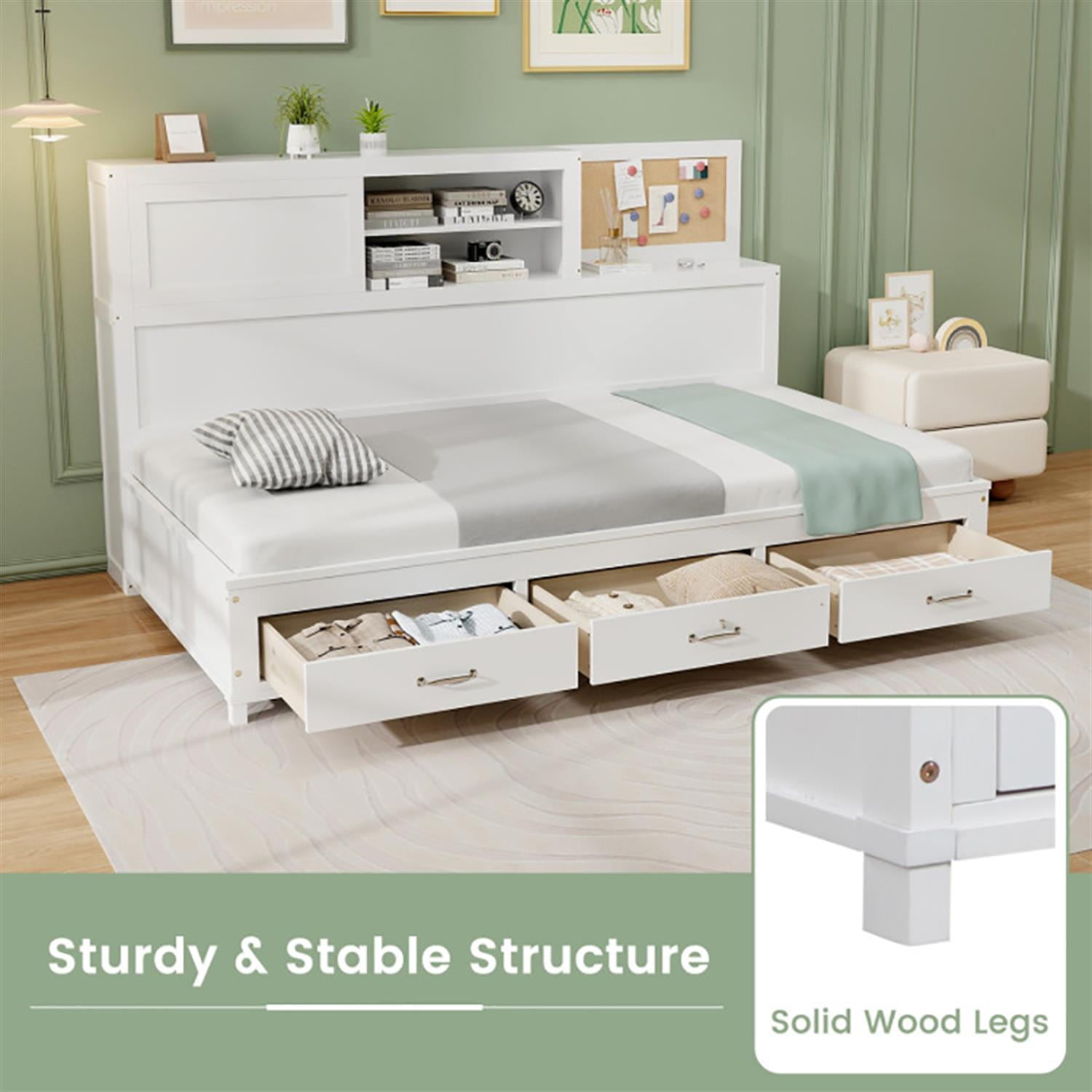 Demi Bonn Full Size Wooden Daybed with 3 Drawers with Storage Shelves, Modern Wooden Bed Frame for Teens, White