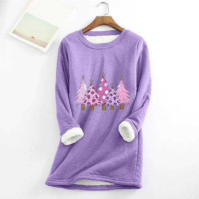 Meichang Chandail de Noël pour Femmes Grande Taille Graphique Arbre de Noël Chandail en Molleton Hiver Chaud Manches Longues Col Rond Doublé Sherpa Violet TTTTG
