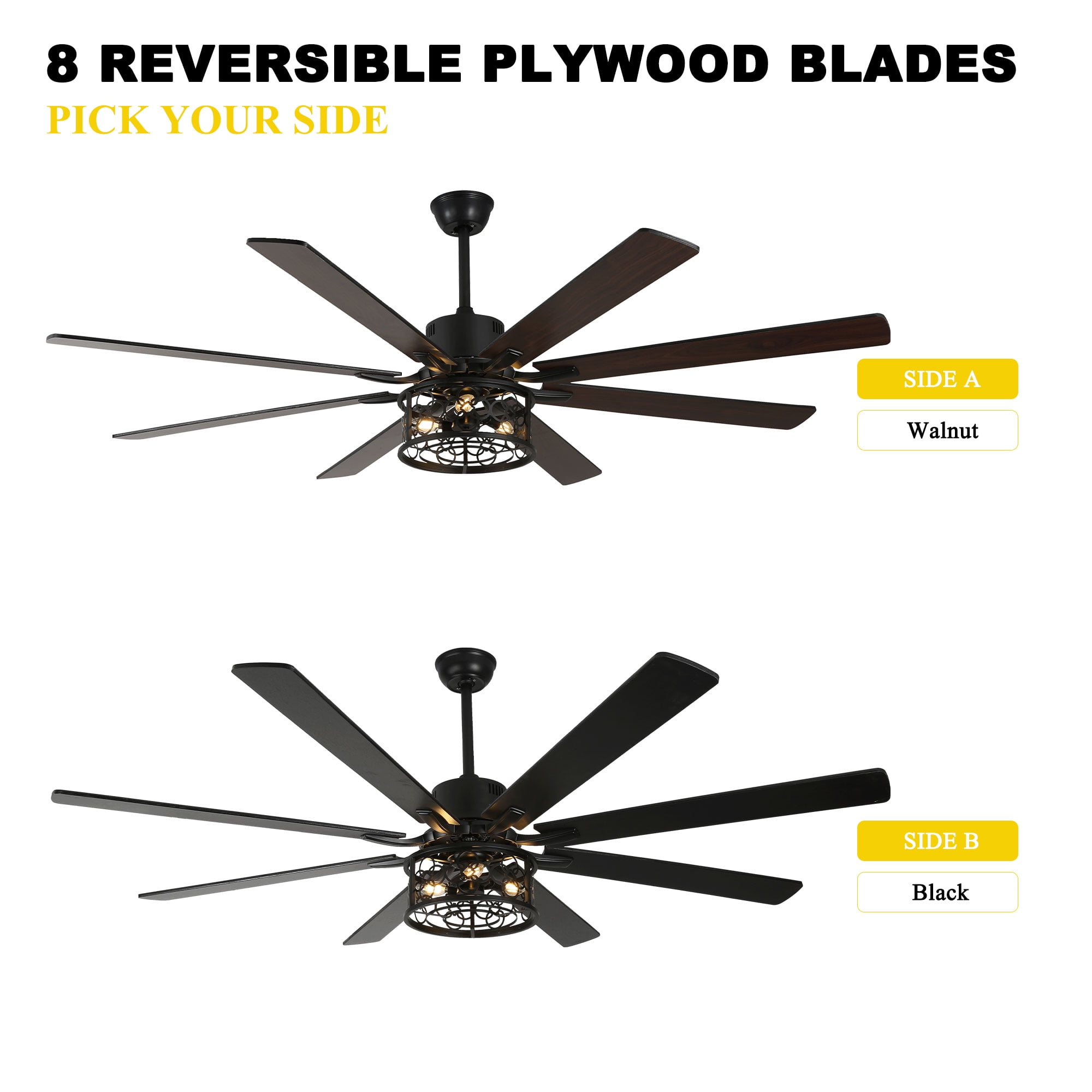 Chords Attic 72" Reversible 8-Blade Ceiling Fan with LED Lights, Remote 3-Color, 6-Speed and Timer