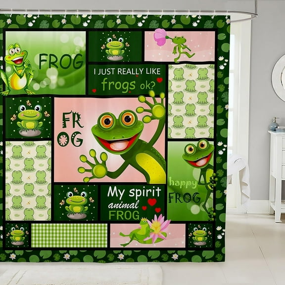 Cartoon Frogs Kids Shower Curtains,Cute Pond Animals Summer Bathroom Curtains for Boys Girls Adults,Geometric Plaids Patchwork Green Bright Waterproof Curtains,12 Hooks Suits,72" W x 72" L