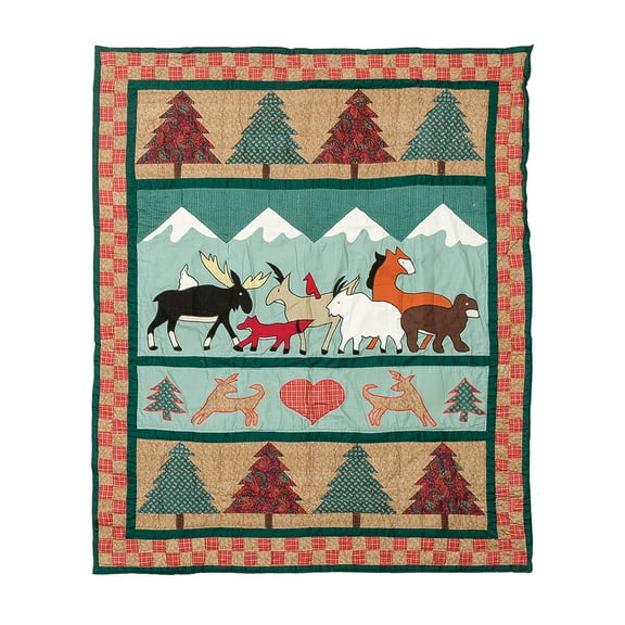 50" x 60" Friends Of The Forest Geometric Pattern Moose Fox Deer Elk Horse Pine Trees Mountains Accent Throw Blanket