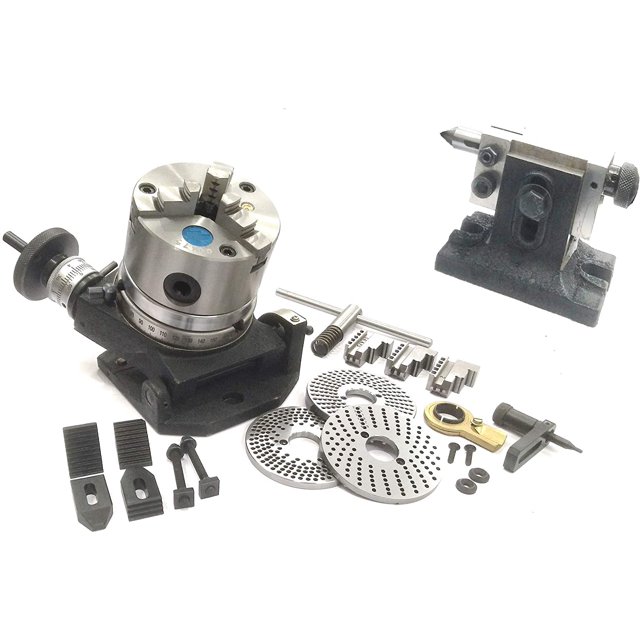 Assorts 4" Inch/ 100 MM Tilting Rotary Table With Mt2 Bore-(With Chuck, Dividing Plate, Clamp Kit & Tailstock)