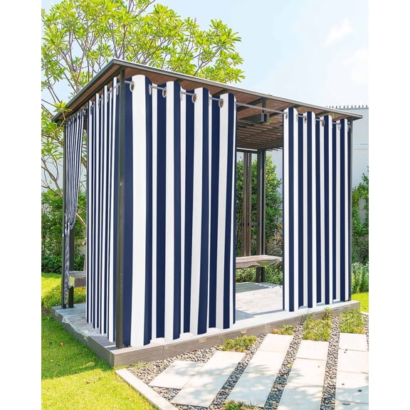 Navy Blue Striped Outdoor Curtains for Patio, Modern Farmhouse Blue White Stripes Privacy Drapes Grommet Waterproof Outside Curtains for Porch/Cabana/Balcony 54"x 95", 1 Panel