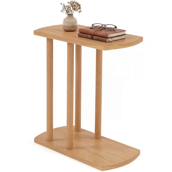 Costway 1 PCS C-shaped Teak Wood Side Table with Thickened Top & Sturdy Base for Small Spaces