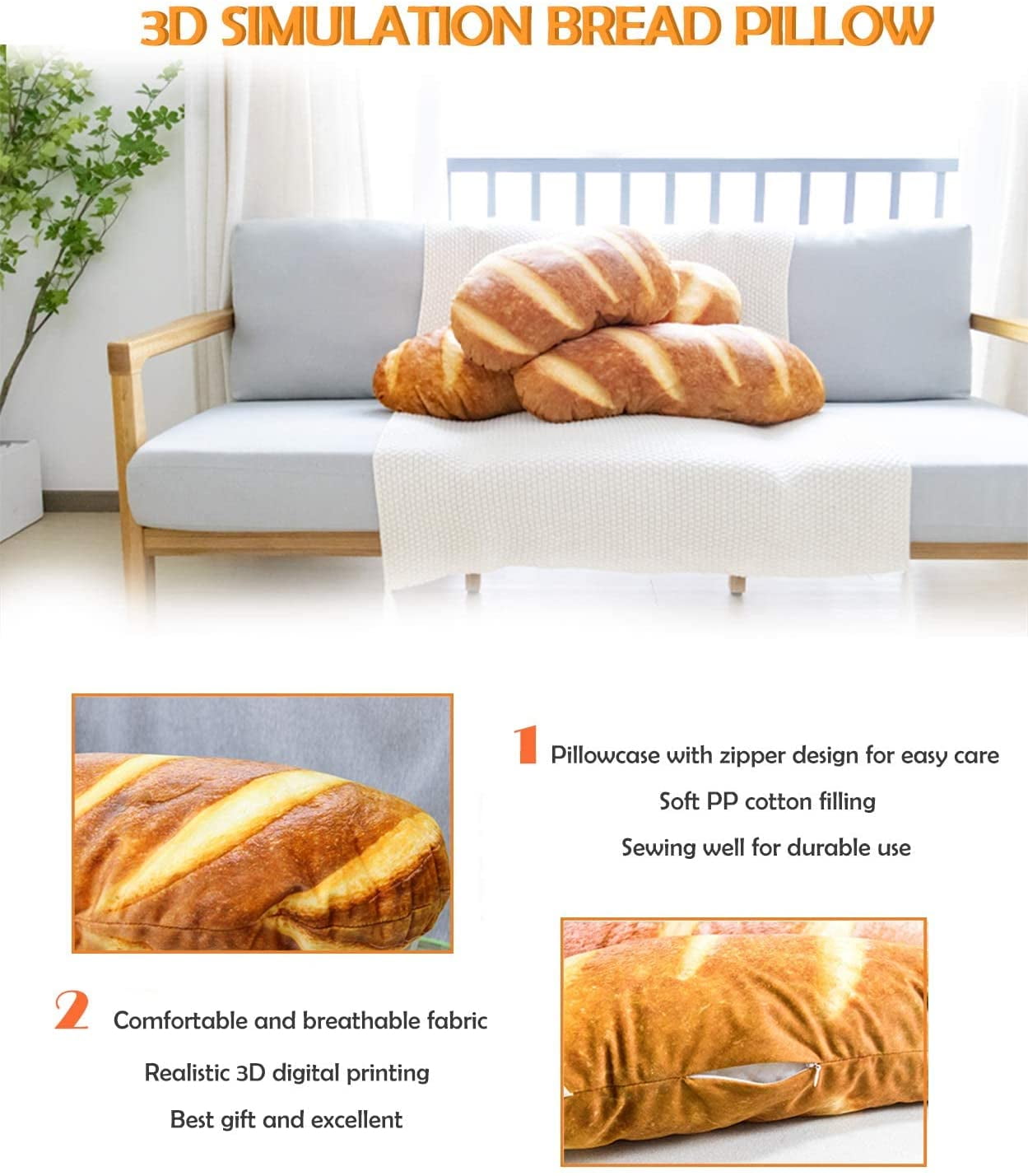 Levenkeness 3D Simulation Bread Shape Plush Pillow,Soft Butter Toast Bread Food Cushion Stuffed Toy for Home Decor 31.4