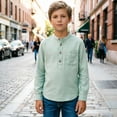thumbnail image 2 of Boys T Shirts Kids Unisex Long Sleeve Button Up Cotton Linen Shirt Pocket Boys' Tops Light Green 11-12 Years, 2 of 6