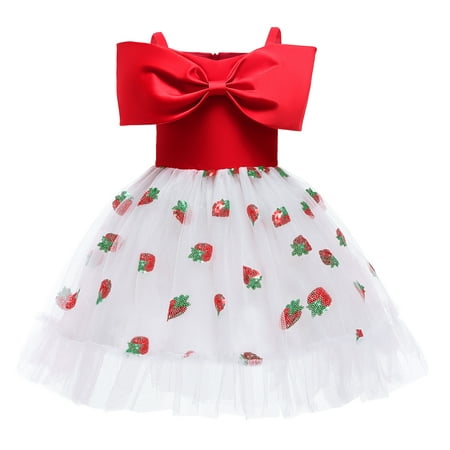 

MIKRDOO Princess Dress For 3T Girls Strawberry Print Off The Shoulder Gauze Dress Princess One Piece Party Dress 3-4 Years Red