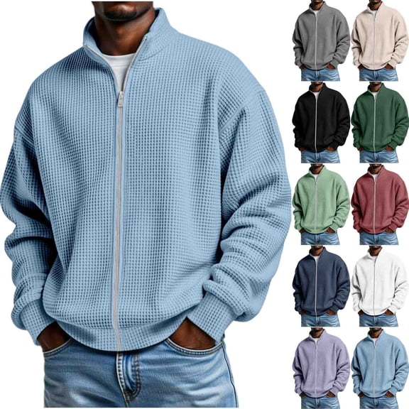 Eiyaclvo Zip Up Sweatshirt for Men No Hood Waffle Knit Jacket Full Zip Stand Collar Long Sleeve Fall Sweatshirt Jackets L
