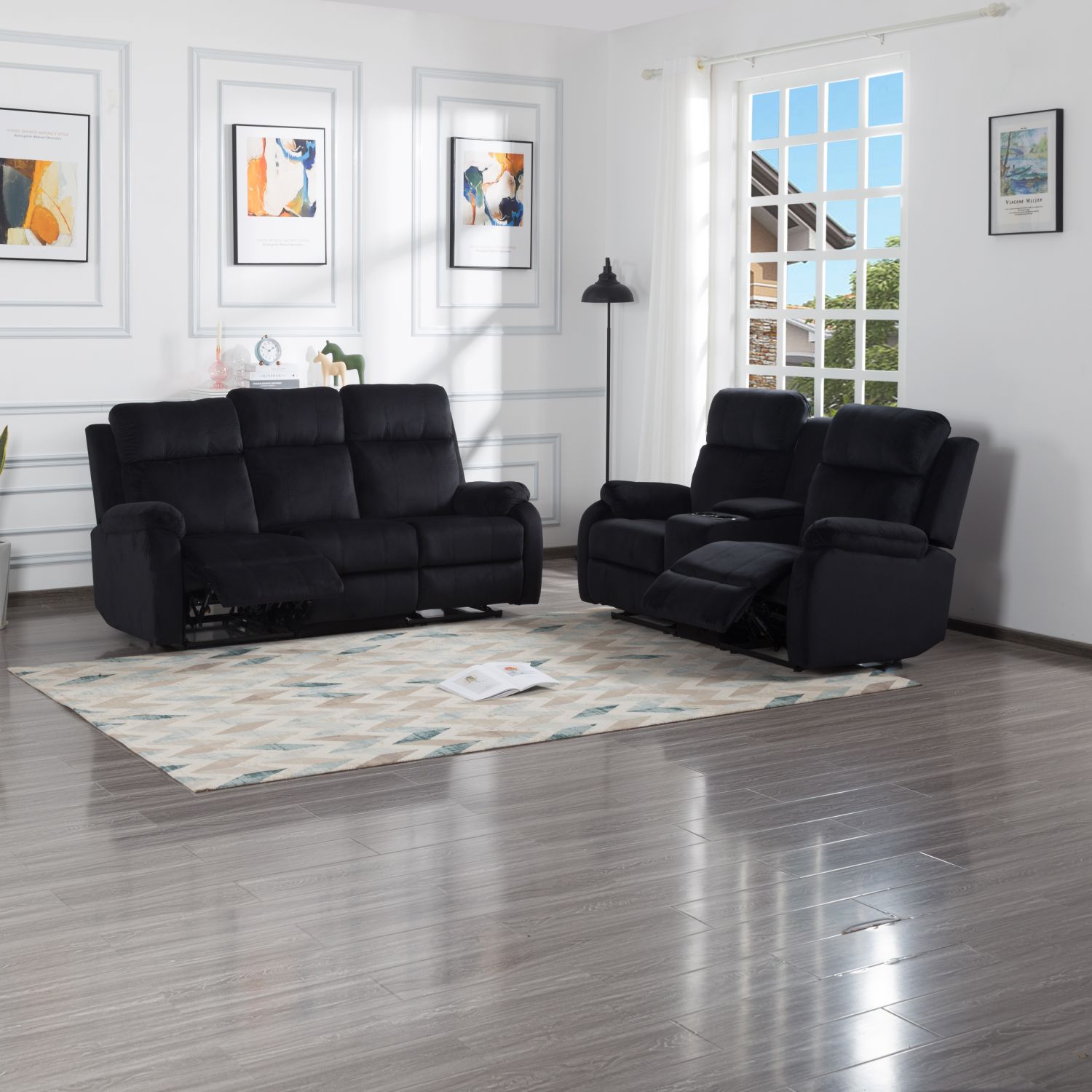 DEALTOPS 3-Piece Velvet Recliner Sofa for Living Room Set Reclining Couch Sofa Chair For Living Room Set with 5 Reclining Seats - Black