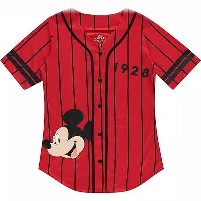 2024 Nuevo traje de béisbol de manga corta con estampado lindo de Mickey Minnie, cárdigan informal a la moda con botones, camiseta de béisbol