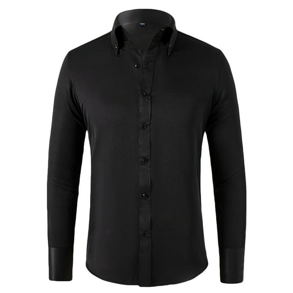 SwiftWear Mens Dress Shirt Regular Fit Stretch Cotton Button Shirt Solid Color Business Formal Long Sleeve Tops Black M