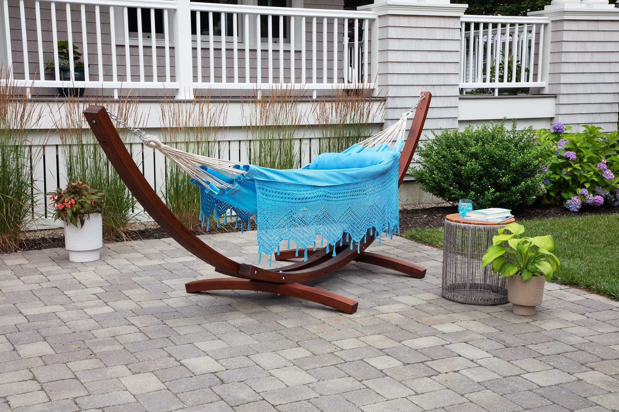 Sol Living Bahia Brazilian Patio Hammock Crochet Cotton Hammock Double Hammock for Two People Outdoor Patio Swing Chair Hand Woven Mayan Hammock Use Inside Outside Backyard Decor Porch Swing - Blue