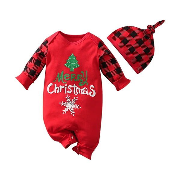 XDZJLR Baby Christmas Pajamas Newborn Infant Xmas Long Sleeve Jumpsuit With Hat Xmas Clothes Romper Red 0-3 Months