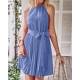 thumbnail image 4 of Women 2023 Summer Casual Halter Neck A-Line Dress Sleeveless Belted Swing Pleated Cocktail Party Beach Mini Dresses, 4 of 5